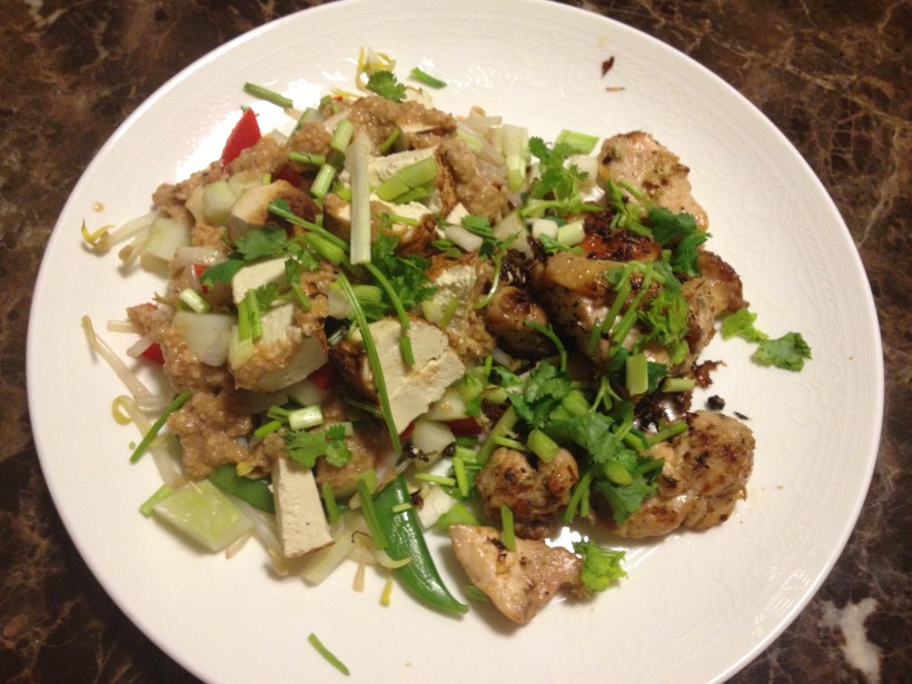 Isaan-style grill chicken (kai yaan) and Nonya style bean curd salad