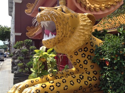 Lovely leopard (?) outside a Buddhist temple in Little India