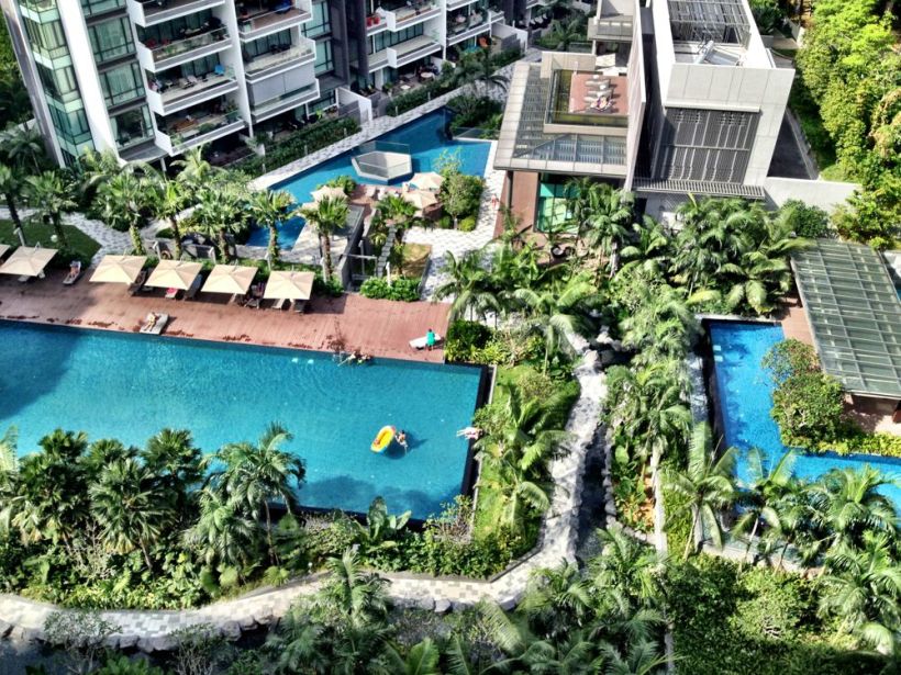 Pool as seen from balcony; the landscaping is fab too