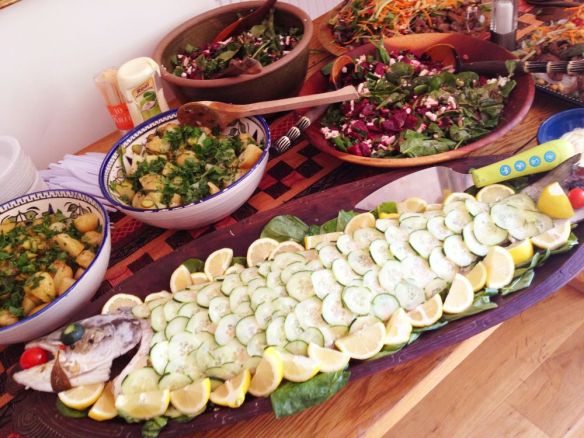 Wild salmon and all sorts of salads made by me with a little help form my friends!