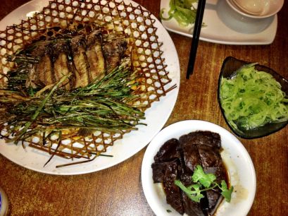 Crispy friend fish with spring onions, and delicious black mushrooms, withe garlic/rice vinegar cucumber