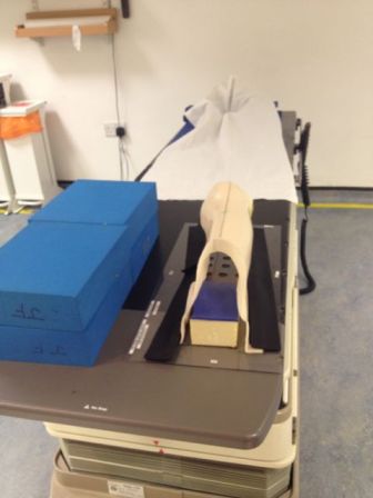my treatment table; blue blocks on left and leg cast foreground right. Try and picture me lying down, head cushioned by the head rest 