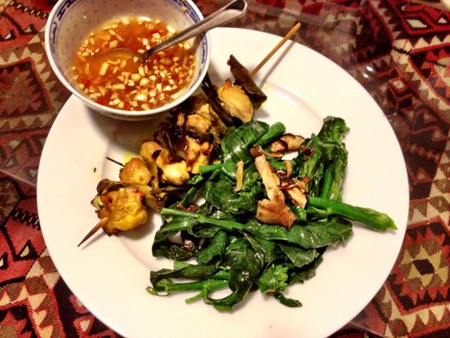 Chicken kebabs wrapped in lime leaves with my favourite steamed kai lan   and shitake