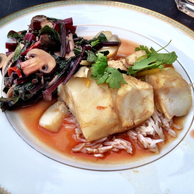 First meal cooked back in London: poached fish, Cantonese style  with steamed beetroot tops and ginger: 