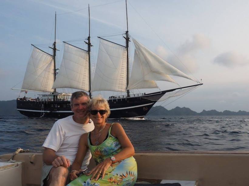 In front of the Dewi Nusantara, sails unfurled