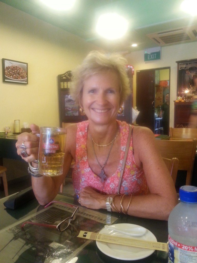 My birthday lunchtime drink - green tea in a beer mug!