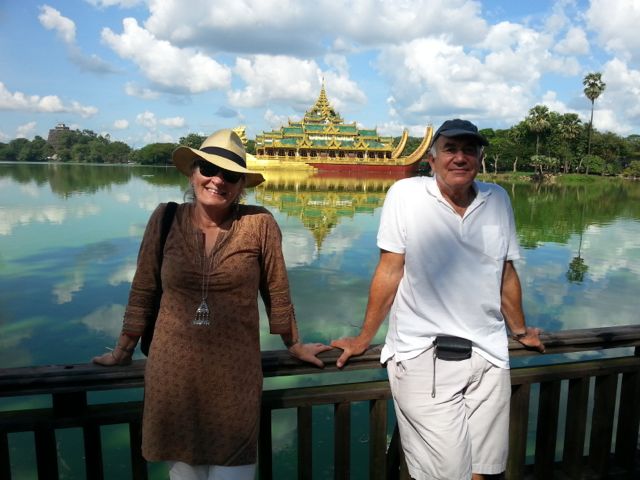 Hilary and Rick pose in front of the fake pagoda restaurant