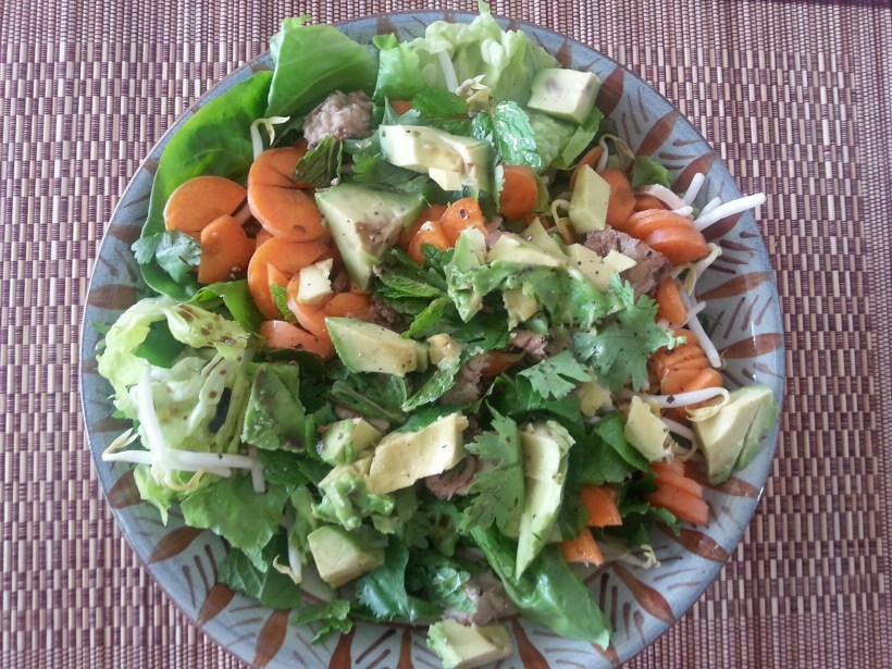 Typical Vicky lunch - raw veg, avo, bean sprouts and a bit of tuna with lots of fresh herbs