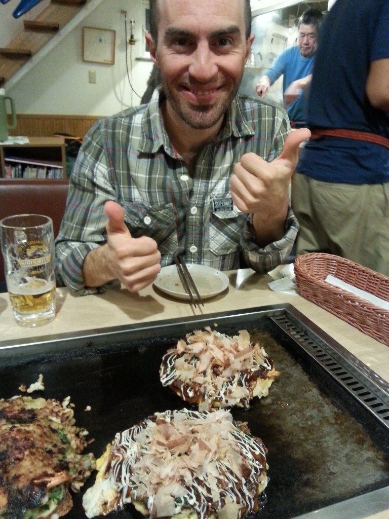 Gabe enjoying the okonomiyaki - a kind of pancake. Three of us ate to bust for less than half the price of a set menu for one at the Hilton! Not fine dinging but jolly tasty
