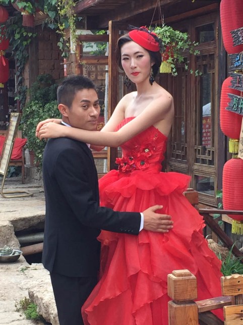 A bridal couple on wedding bridge