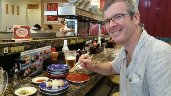 Beer and sushi after our exhausting walk