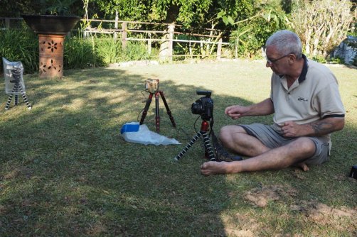 Stephen helping ROss set up a complicated flash circuit to grab Bob - in the end he came in broad daylight!