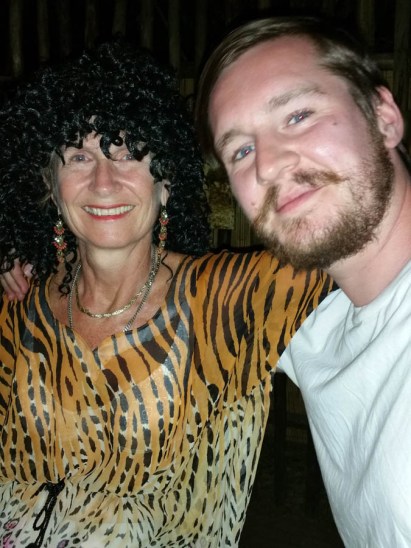 Tommy with his mama, resplendent in Tiger top from Cindy